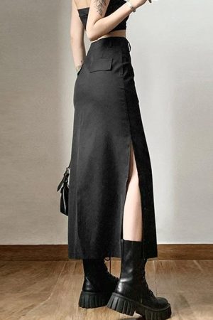Dark Academia Side Slit Maxi Skirt