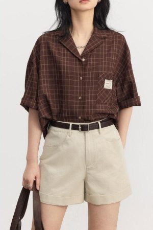 Dark Academia V-Neck Plaid Shirt