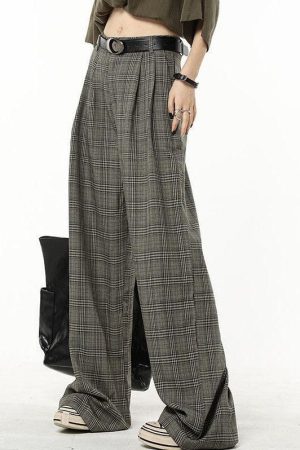 Dark Academia Wide Leg Plaid Pants
