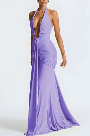 Deep Plunge Ruched Maxi Dress