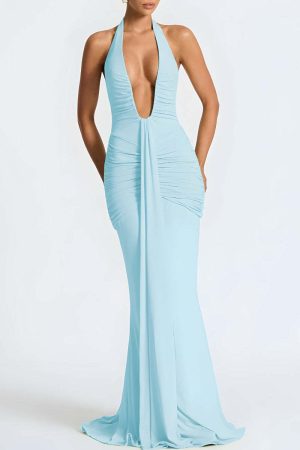Deep Plunge Ruched Maxi Dress