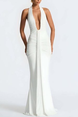 Deep Plunge Ruched Maxi Dress