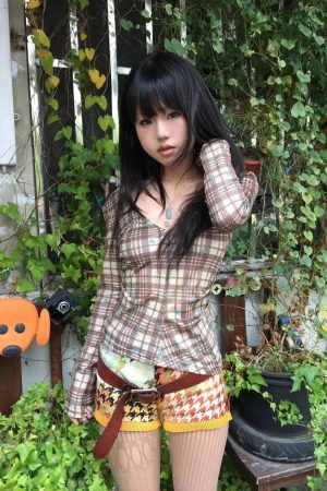 Deep V Neck Plaid Top