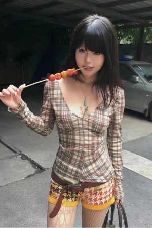 Deep V Neck Plaid Top