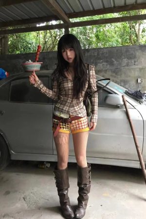 Deep V Neck Plaid Top