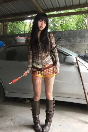 Deep V Neck Plaid Top