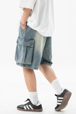 Denim Drawstring Wide Leg Cargo Shorts