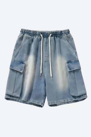 Denim Drawstring Wide Leg Cargo Shorts