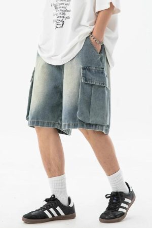 Denim Drawstring Wide Leg Cargo Shorts