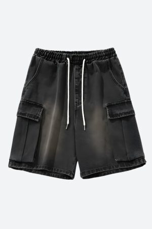 Denim Drawstring Wide Leg Cargo Shorts