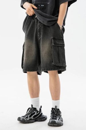 Denim Drawstring Wide Leg Cargo Shorts