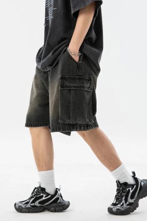 Denim Drawstring Wide Leg Cargo Shorts