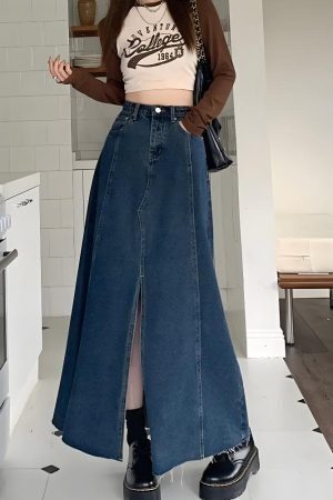 Denim Slit Frayed Hem Maxi Skirt