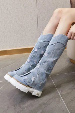 Distressed Denim Boots