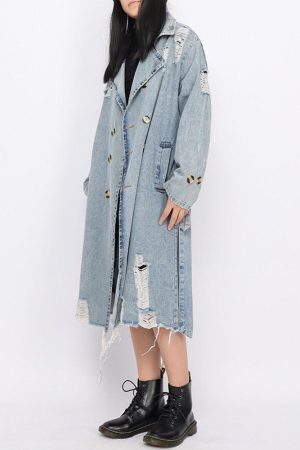 Distressed Denim Trench Coat