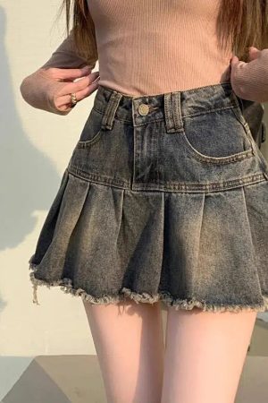 Distressed Pleated Denim Mini Skirt