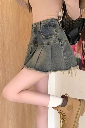 Distressed Pleated Denim Mini Skirt