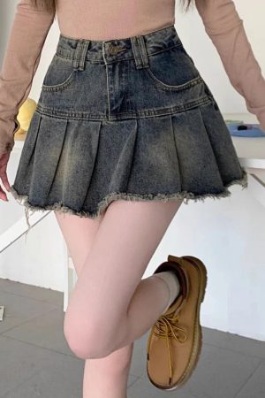 Distressed Pleated Denim Mini Skirt