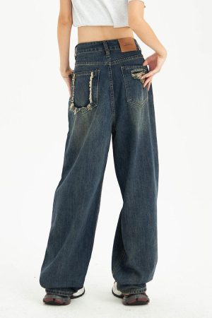 Distressed Pockets Wide Leg Baggy Jeans