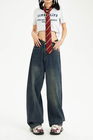 Distressed Pockets Wide Leg Baggy Jeans