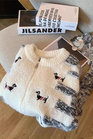 Dog Embroidered Double Zip-Up Knitted Cardigan
