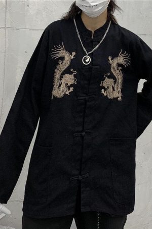 Dragon Embroidery Mandarin Collar Shirt