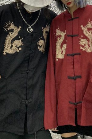 Dragon Embroidery Mandarin Collar Shirt