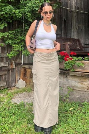 Drawstring Parachute Maxi Skirt