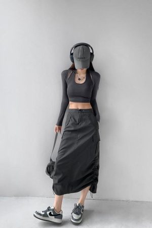 Drawstring Parachute Midi Skirt