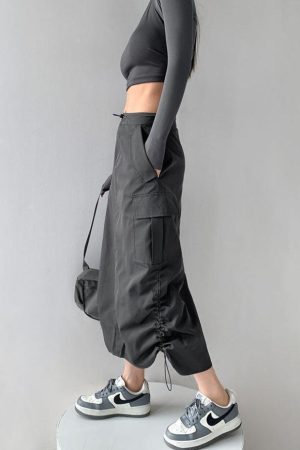 Drawstring Parachute Midi Skirt