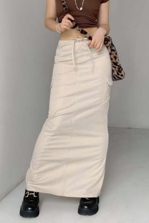 Drawstring Waist Parachute Maxi Skirt