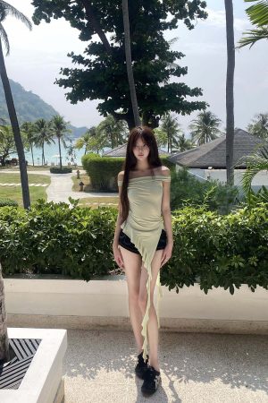 DreamyNerd Asymmetric Off-Shoulder Top with Beaded Back Chain