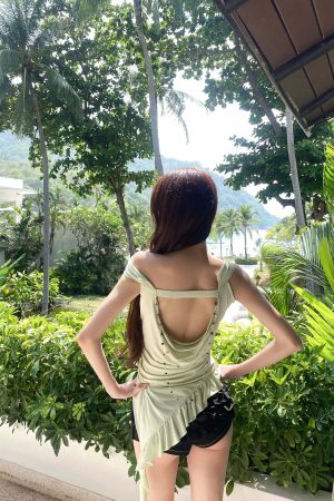 DreamyNerd Asymmetric Off-Shoulder Top with Beaded Back Chain