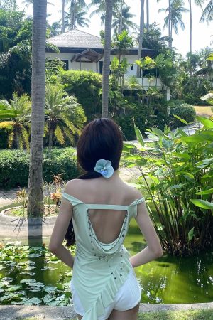 DreamyNerd Asymmetric Off-Shoulder Top with Beaded Back Chain