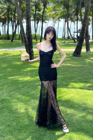 DreamyNerd Black Lace Fishtail Slip Dress