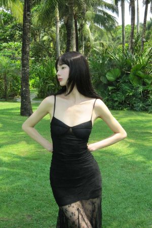 DreamyNerd Black Lace Fishtail Slip Dress