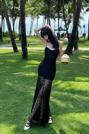 DreamyNerd Black Lace Fishtail Slip Dress