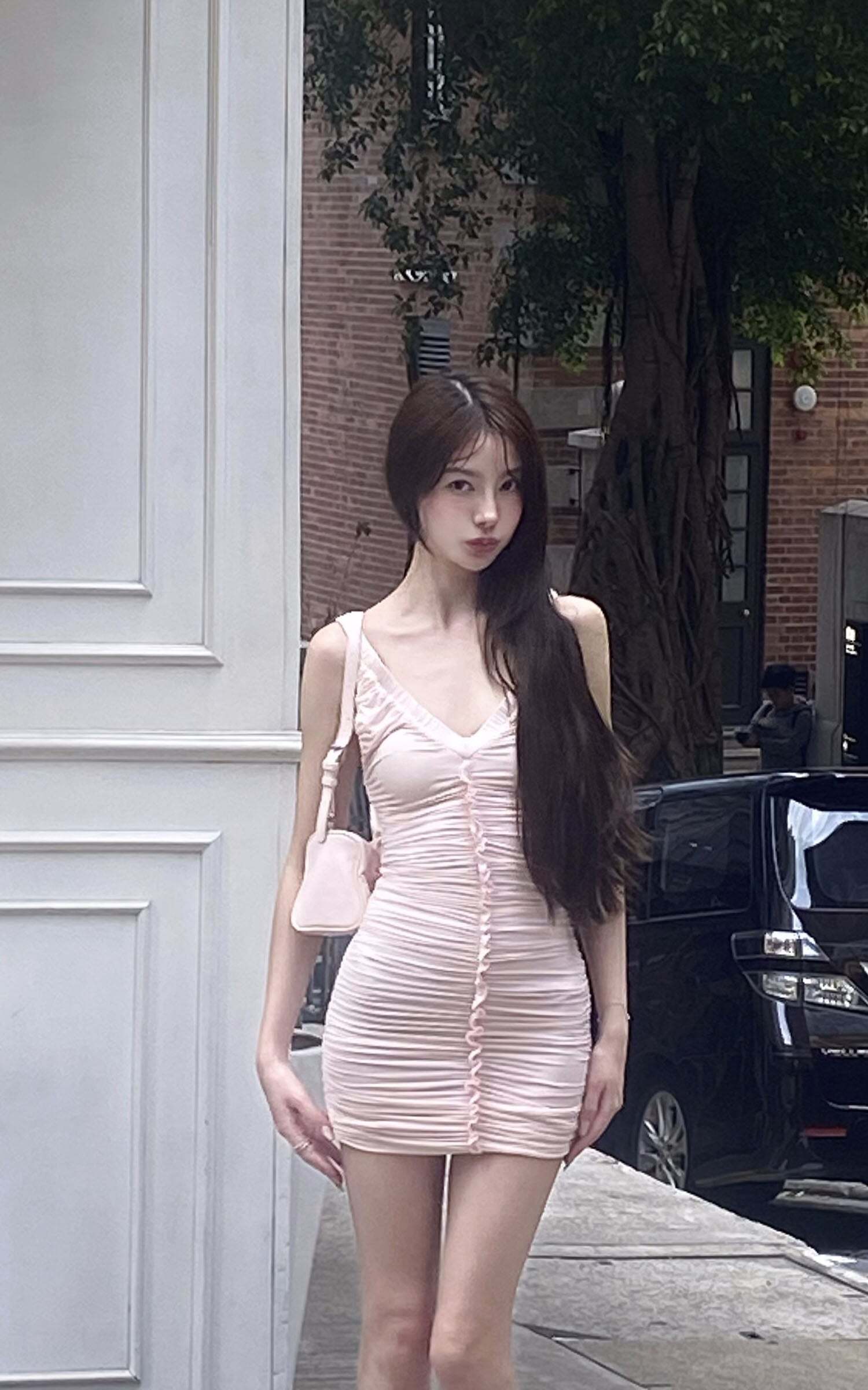 DreamyNerd Blush Ruffle Ruched Mini Dress DreamyNerd Blush Ruffle Ruched Mini Dress