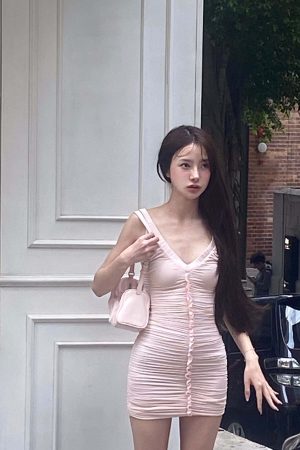 DreamyNerd Blush Ruffle Ruched Mini Dress