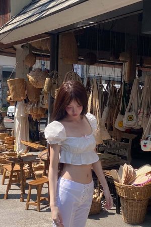 DreamyNerd Bow Detail Puff Sleeve Crop Top