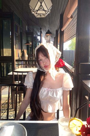 DreamyNerd Bow Detail Puff Sleeve Crop Top