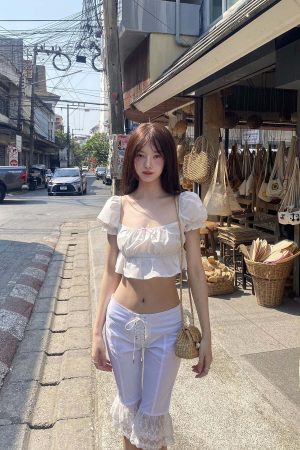 DreamyNerd Bow Detail Puff Sleeve Crop Top