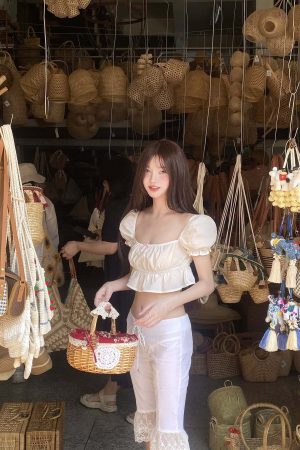 DreamyNerd Bow Detail Puff Sleeve Crop Top