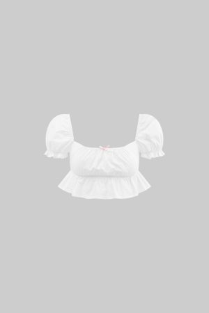 DreamyNerd Bow Detail Puff Sleeve Crop Top