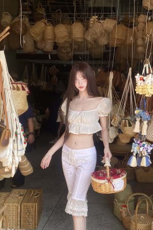 DreamyNerd Bow Detail Puff Sleeve Crop Top