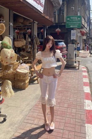 DreamyNerd Bow Detail Puff Sleeve Crop Top