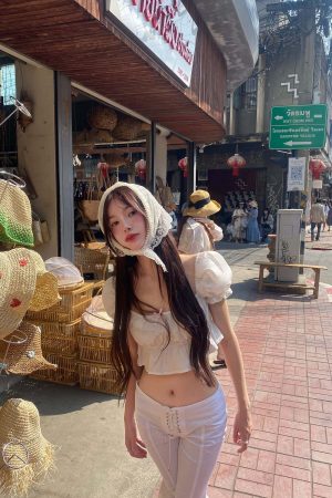 DreamyNerd Bow Detail Puff Sleeve Crop Top