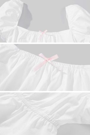 DreamyNerd Bow Detail Puff Sleeve Crop Top