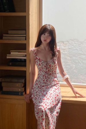 DreamyNerd Cherry Print Ruffle Strap Midi Dress