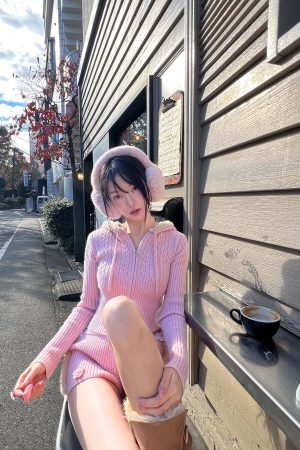 DreamyNerd Cozy Knit Hoodie & Shorts Set in Baby Pink